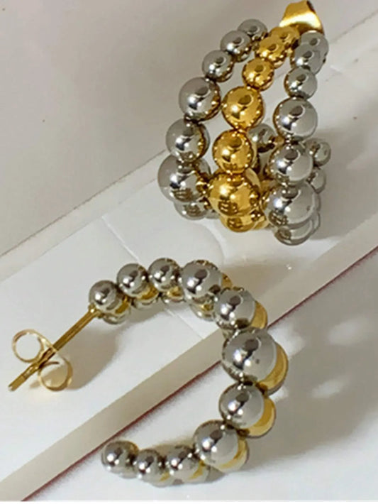 Shein - 1pair New Stainless Steel 18K Gold Plated Triple Beaded Round Bead C-Shaped Earrings