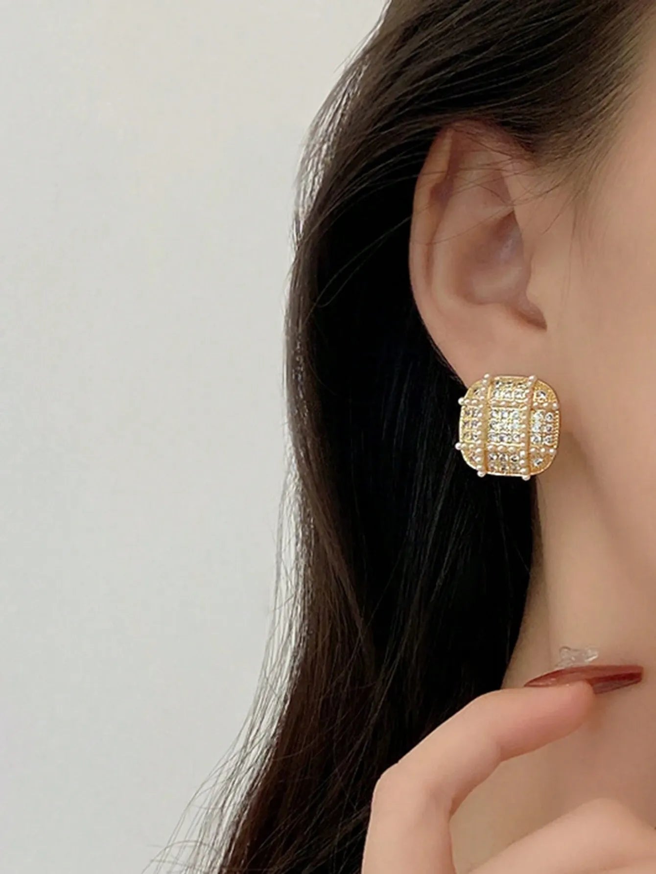 Shein - 5pcs/Set Rhinestone & Faux Pearl Geometric Square Shape Tassel Stud Earrings Set For Women