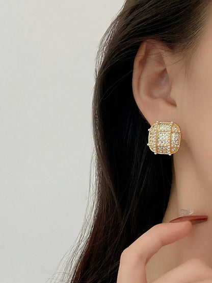 Shein - 5pcs/Set Rhinestone & Faux Pearl Geometric Square Shape Tassel Stud Earrings Set For Women