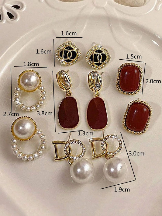 Shein - 5pcs/Set Micro-Inlaid Zirconia Pearl Letter Square Earrings Autumn/Winter Elegant French Style Set For Women