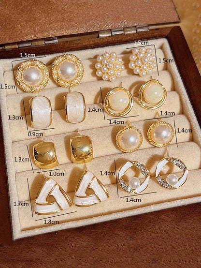 Shein - 8pcs Vintage Minimalist Chic Petite Smooth Pearl Geometric Star Round Triangle Stud Earrings Set