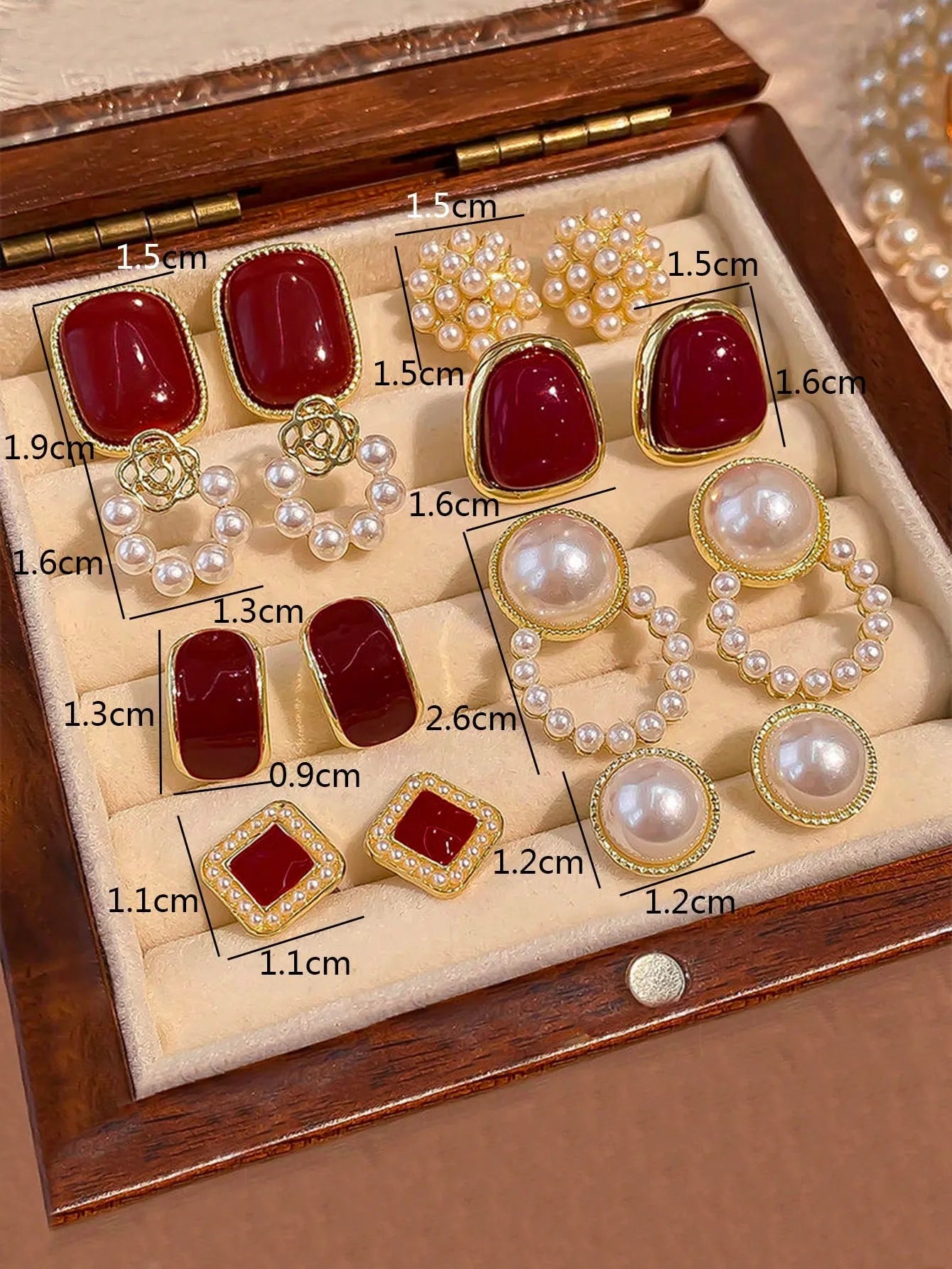 Shein - 1 Set Minimalist Floral Faux Pearl Red Drip Oil Geometric Square Luxurious Elegant Design Earrings Suit, Suitable For Women's Daily And Festival Wear