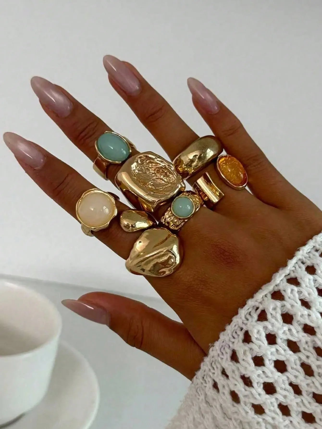 Shein - 7pcs Vintage Asymmetrical Liquid Teardrop Gemstone Open Ring Set