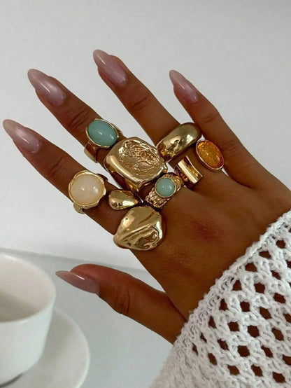 Shein - 7pcs Vintage Asymmetrical Liquid Teardrop Gemstone Open Ring Set