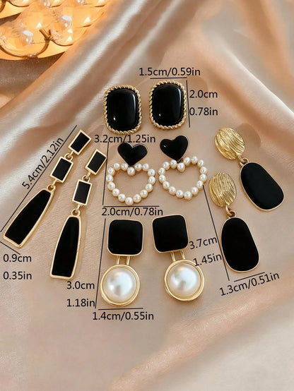 Shein - 5pcs/Set Fashionable Casual French Elegant Asymmetrical Geometric Black Drip Glaze Heart & Faux Pearl Earrings, Chic Minimalist Design, High-End Earring Set Suitable For Women's Daily And Holiday Wear