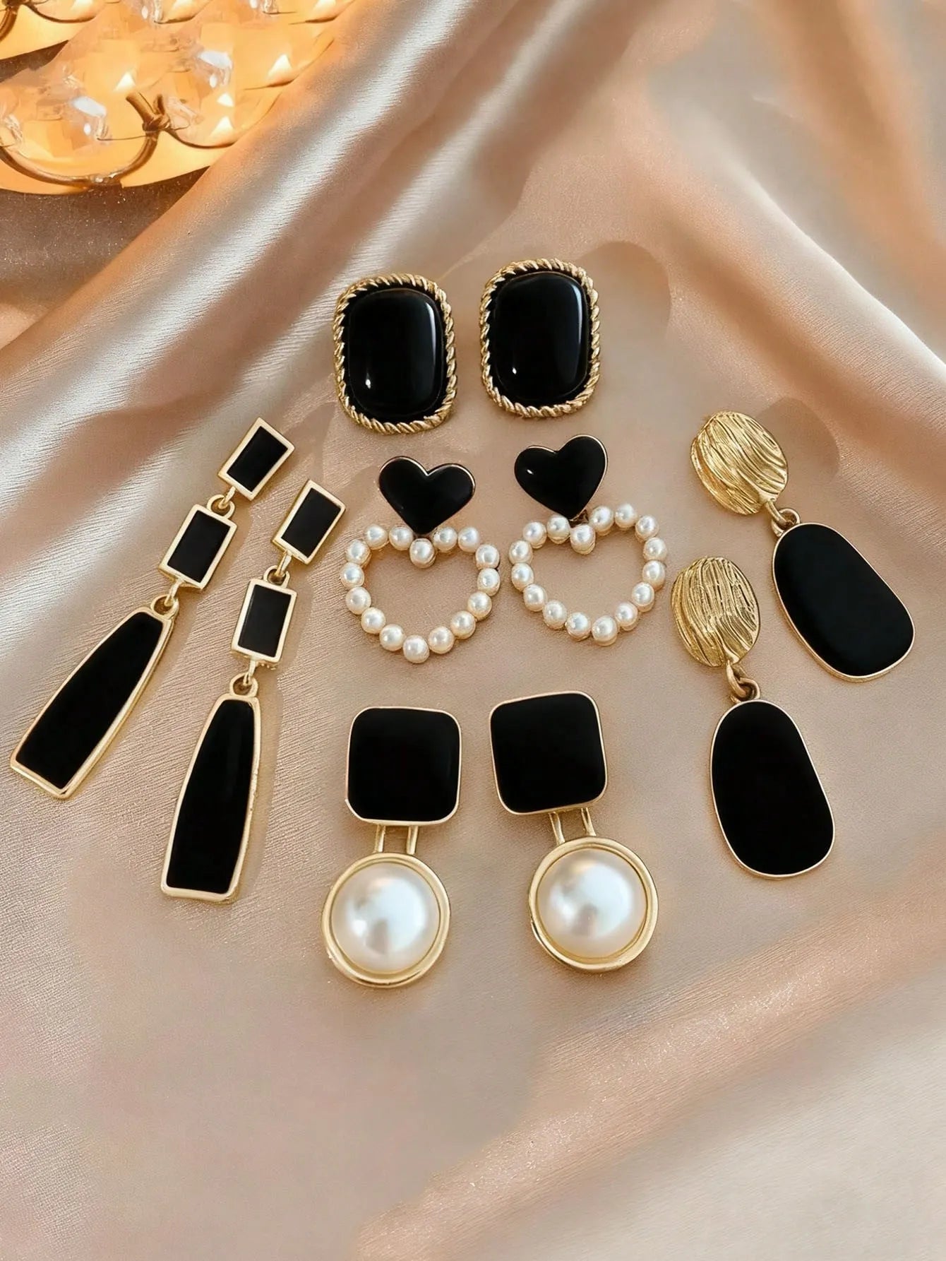 Shein - 5pcs/Set Fashionable Casual French Elegant Asymmetrical Geometric Black Drip Glaze Heart & Faux Pearl Earrings, Chic Minimalist Design, High-End Earring Set Suitable For Women's Daily And Holiday Wear