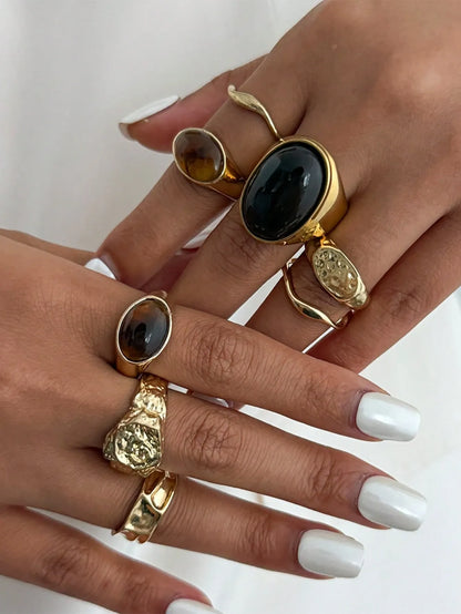Shein - 8pcs Vintage Asymmetrical Liquid Water Drop Tiger Eye Stone Open Ring Set