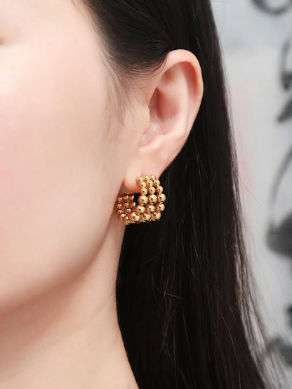Shein - 1pair 316 Titanium Steel Three-Ring Steel Ball C Shape & Half Round Arc Butterfly Buckle Design Artistic Earrings - Golden