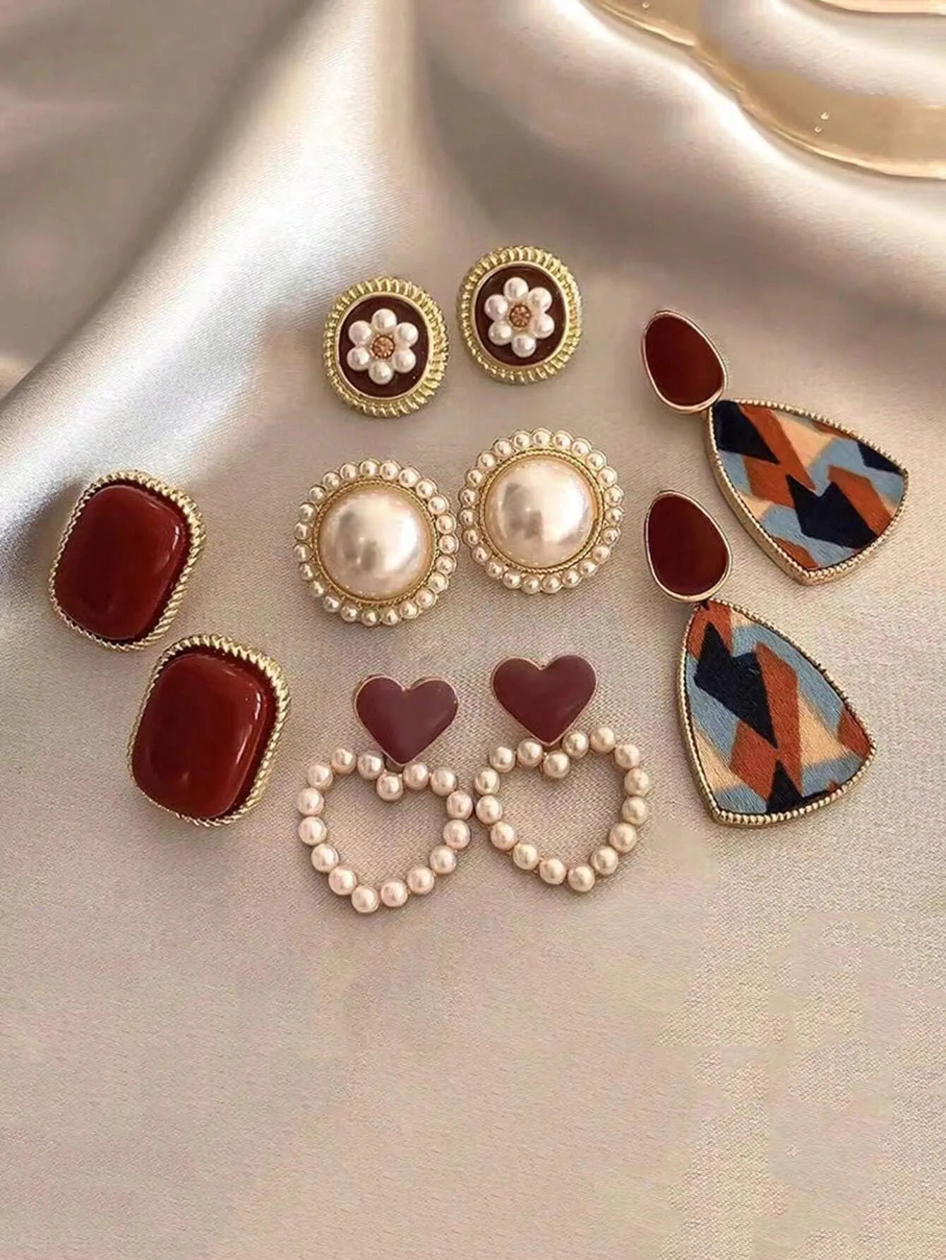 Shein - 5pcs Retro Faux Pearl Flower Hollow Heart Shaped Two-Tone Luxury & Unique Ear Studs Earrings - Multicolor
