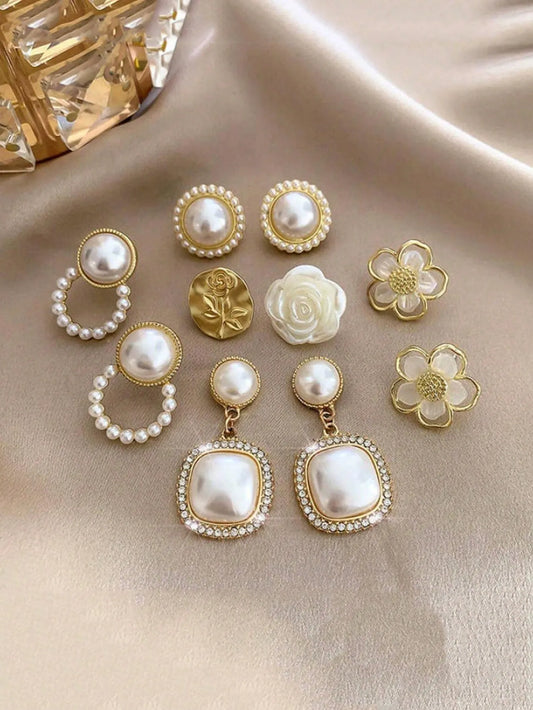 Shein - 5pcs/Set Simple Square Faux Pearl Floral Rhinestone Earrings, Minimalist Elegant Geometric Stud Earrings Set