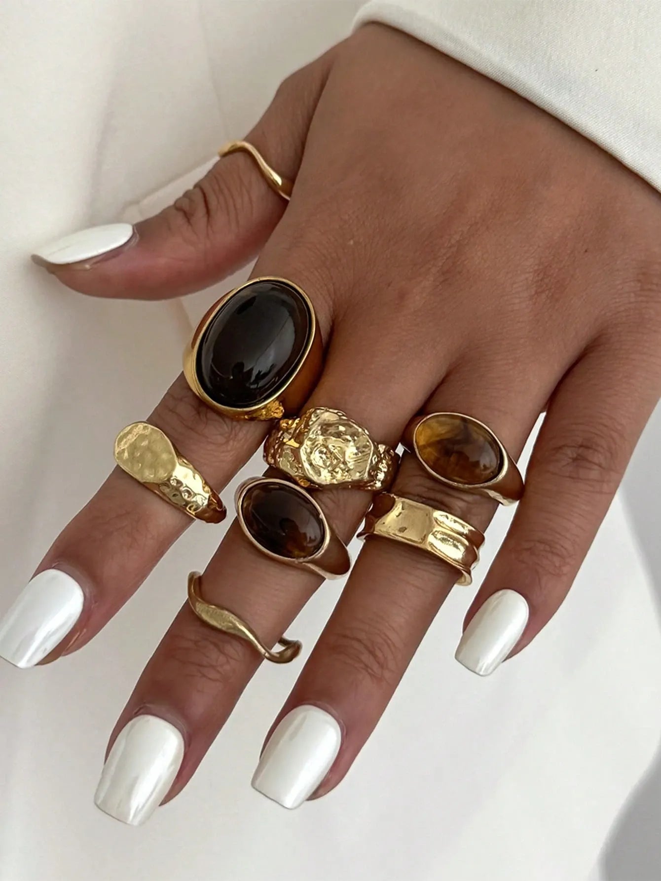 Shein - 8pcs Vintage Asymmetrical Liquid Water Drop Tiger Eye Stone Open Ring Set