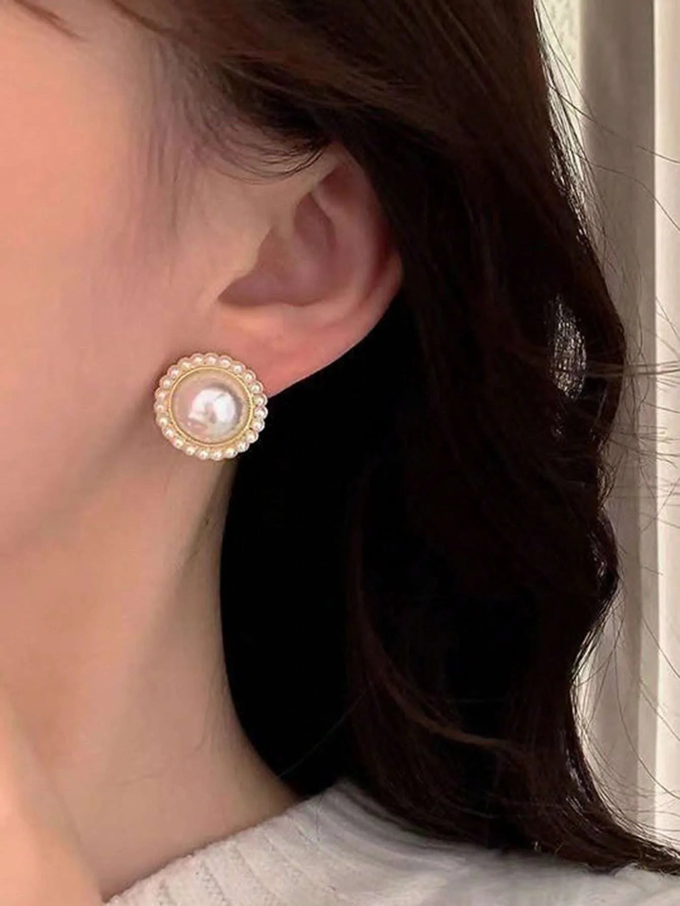 Shein - 5pcs/Set Square Burgundy Floral Enamel & Faux Pearl Stud Earrings, Fashionable Elegant Geometric Earrings Set