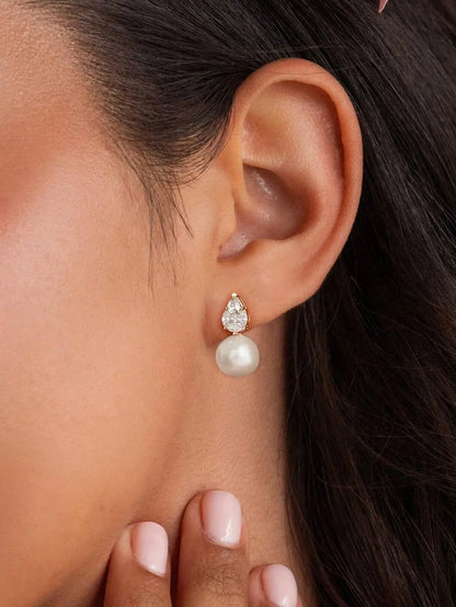 Shein - 14K Gold Plated Pearl Earrings, Elegant Wedding Earrings, Formal CZ Pearl Bridal Earrings, Non-Allergic Gold Plated Earrings