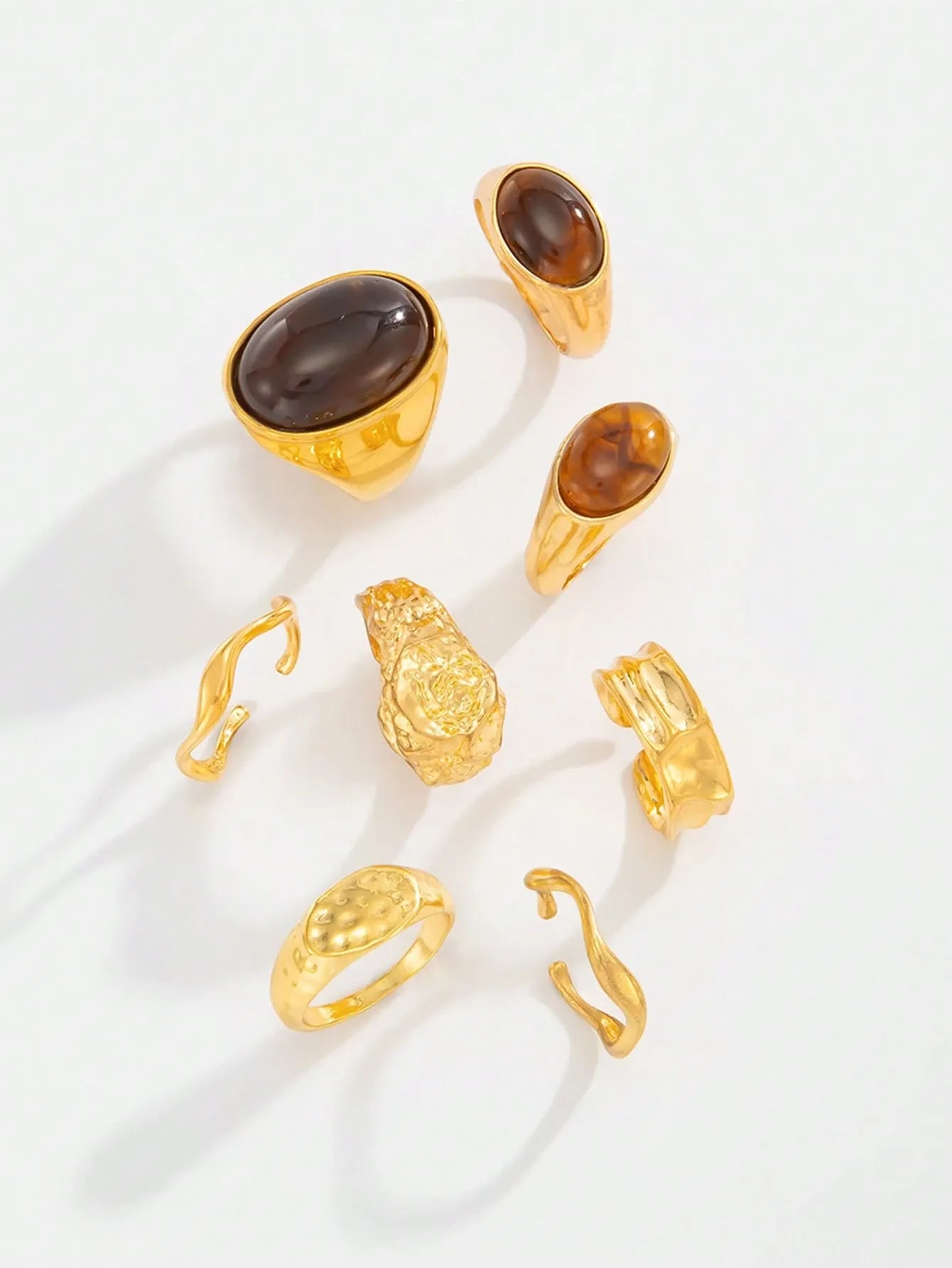 Shein - 8pcs Vintage Asymmetrical Liquid Water Drop Tiger Eye Stone Open Ring Set