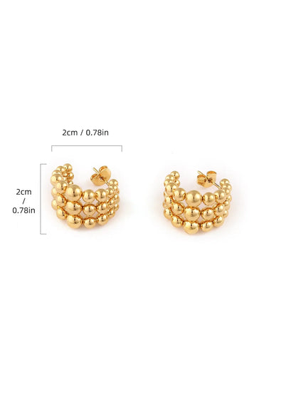 Shein - 1pair 316 Titanium Steel Three-Ring Steel Ball C Shape & Half Round Arc Butterfly Buckle Design Artistic Earrings - Golden