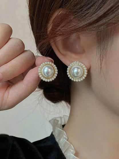 Shein - 5pcs/Set Simple Square Faux Pearl Floral Rhinestone Earrings, Minimalist Elegant Geometric Stud Earrings Set