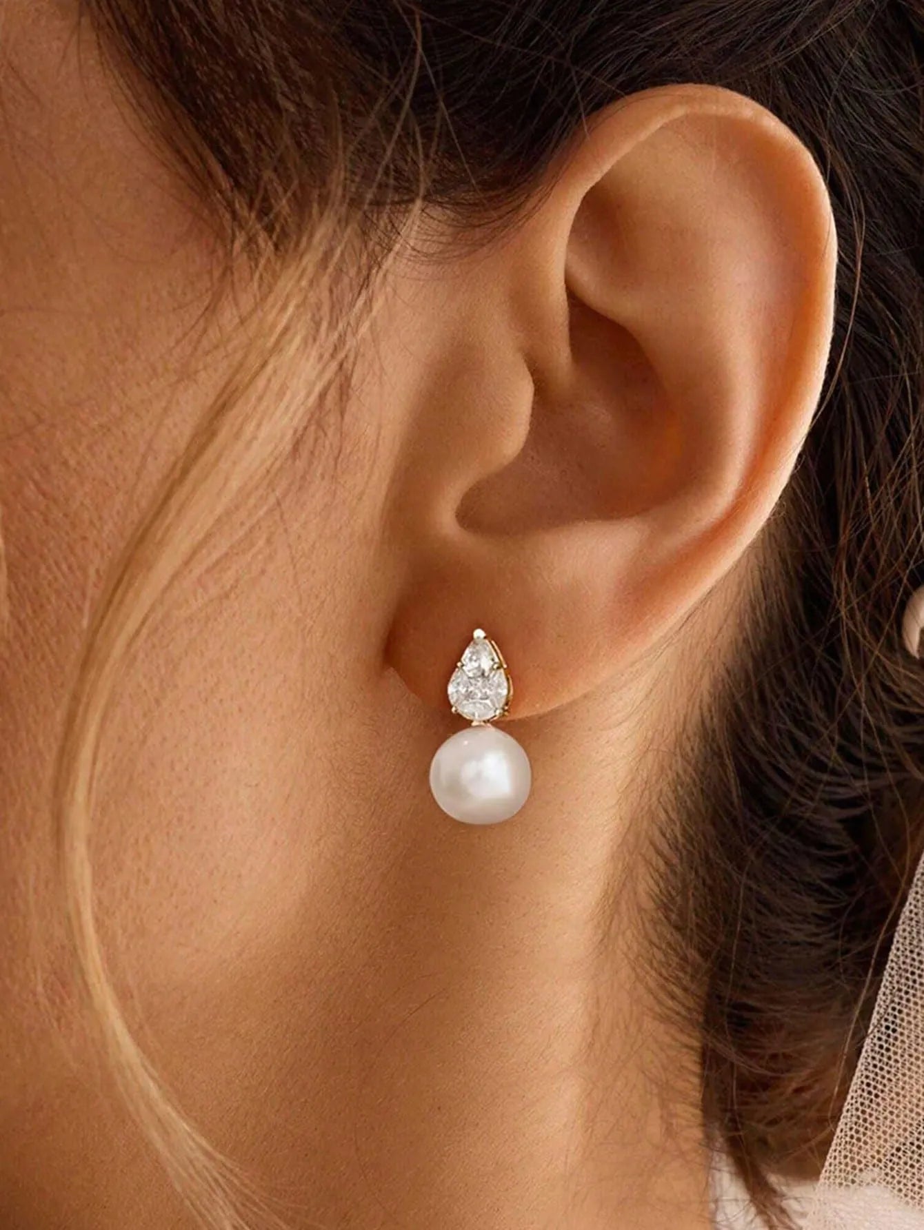 Shein - 14K Gold Plated Pearl Earrings, Elegant Wedding Earrings, Formal CZ Pearl Bridal Earrings, Non-Allergic Gold Plated Earrings