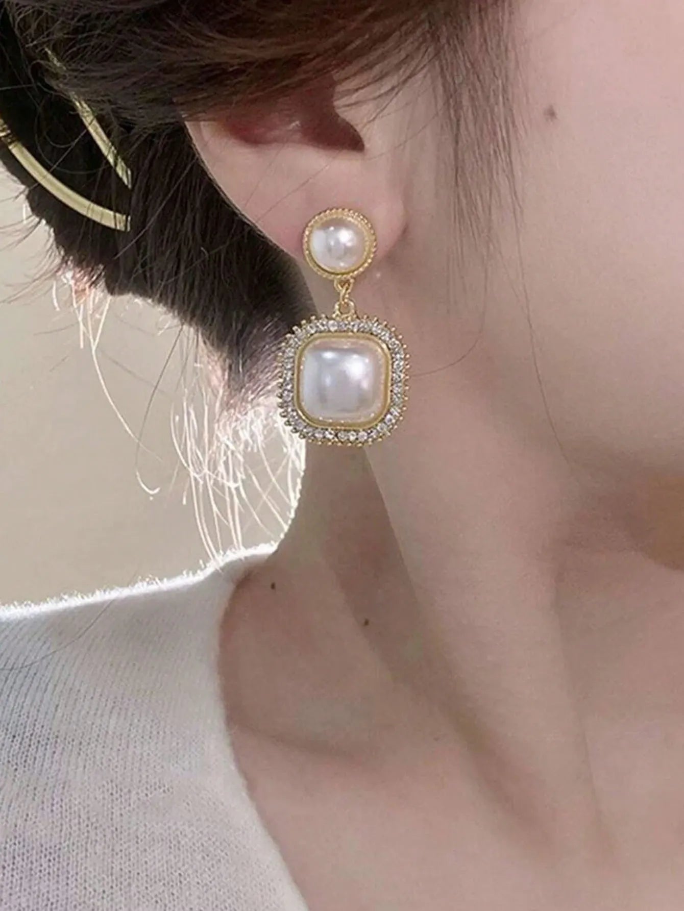 Shein - 5pcs/Set Simple Square Faux Pearl Floral Rhinestone Earrings, Minimalist Elegant Geometric Stud Earrings Set