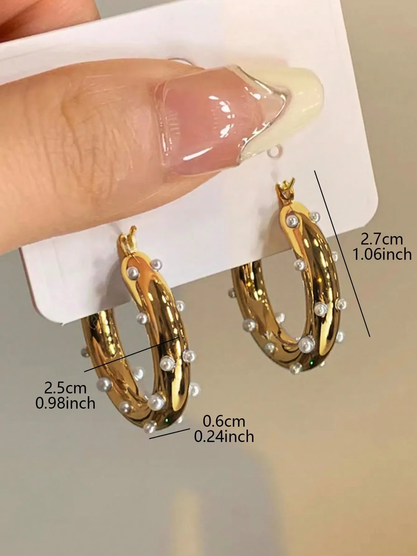 Shein - 1pair Metallic Geometric Circle Stylish Party Faux Pearl Minimalist Elegant Women Hoop Earrings - Golden