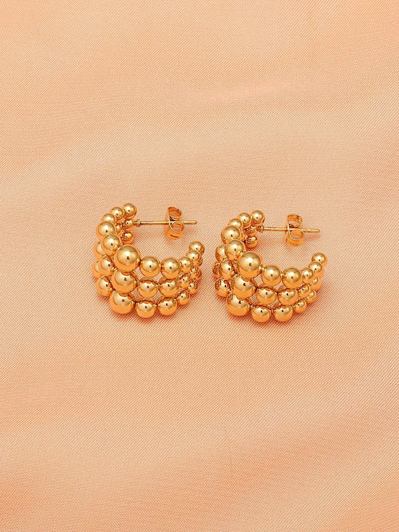 Shein - 1pair 316 Titanium Steel Three-Ring Steel Ball C Shape & Half Round Arc Butterfly Buckle Design Artistic Earrings - Golden