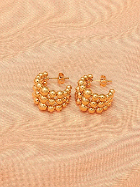 Shein - 1pair 316 Titanium Steel Three-Ring Steel Ball C Shape & Half Round Arc Butterfly Buckle Design Artistic Earrings - Golden