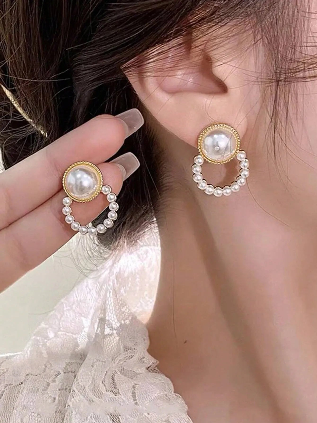 Shein - 5pcs/Set Simple Square Faux Pearl Floral Rhinestone Earrings, Minimalist Elegant Geometric Stud Earrings Set