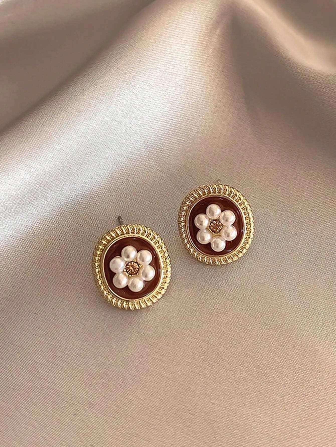Shein - 5pcs Retro Faux Pearl Flower Hollow Heart Shaped Two-Tone Luxury & Unique Ear Studs Earrings - Multicolor