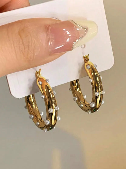Shein - 1pair Metallic Geometric Circle Stylish Party Faux Pearl Minimalist Elegant Women Hoop Earrings - Golden