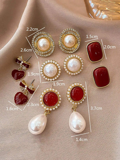 Shein - 5pcs/Set Korean Minimalist Faux Pearl Heart Wrap Earrings Exquisite Elegant Earring Set Valentines,Mom,Mother,Mother's Day,Gift