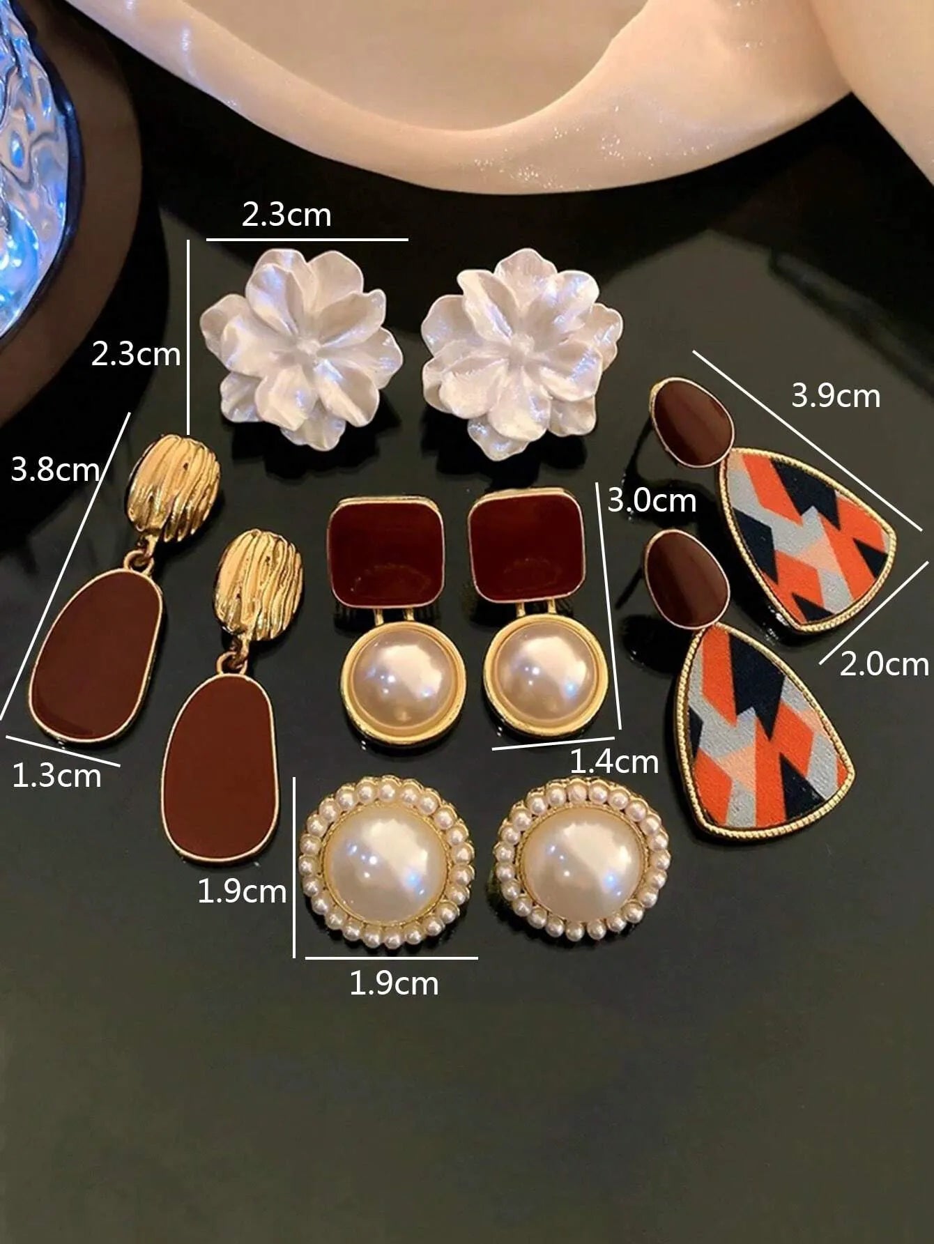 Shein - 5pcs/Set Square Burgundy Floral Enamel & Faux Pearl Stud Earrings, Fashionable Elegant Geometric Earrings Set
