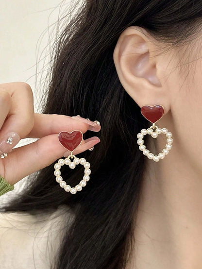 Shein - 5Pcs/Set Minimalist Vintage Faux Pearl Heart Flower Exquisite Design Stud Earrings Set 