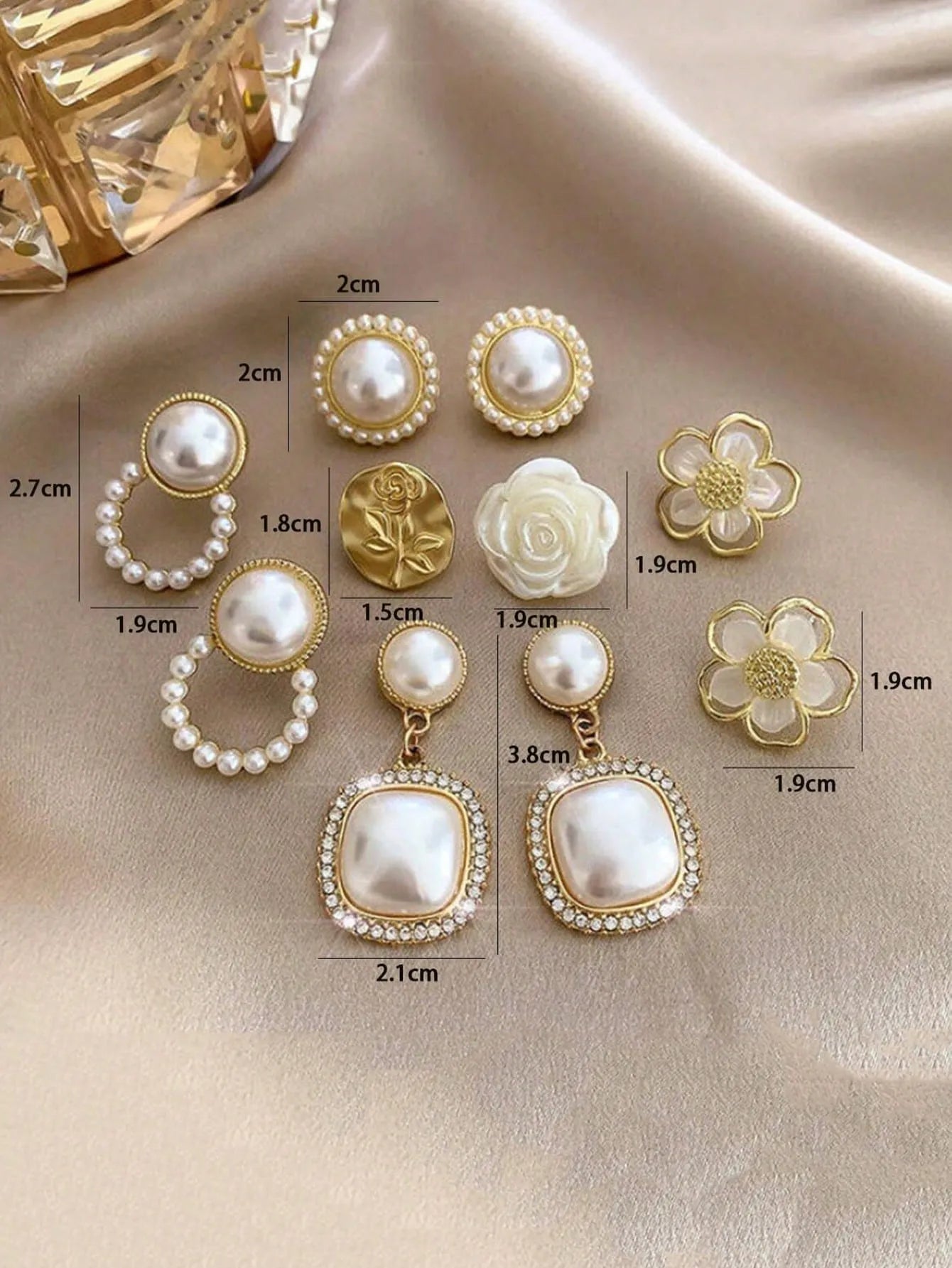 Shein - 5pcs/Set Simple Square Faux Pearl Floral Rhinestone Earrings, Minimalist Elegant Geometric Stud Earrings Set