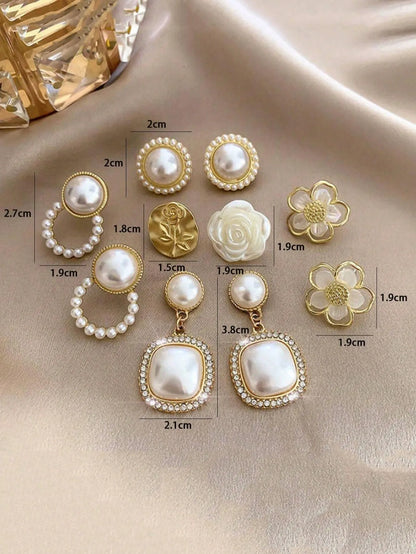 Shein - 5pcs/Set Simple Square Faux Pearl Floral Rhinestone Earrings, Minimalist Elegant Geometric Stud Earrings Set