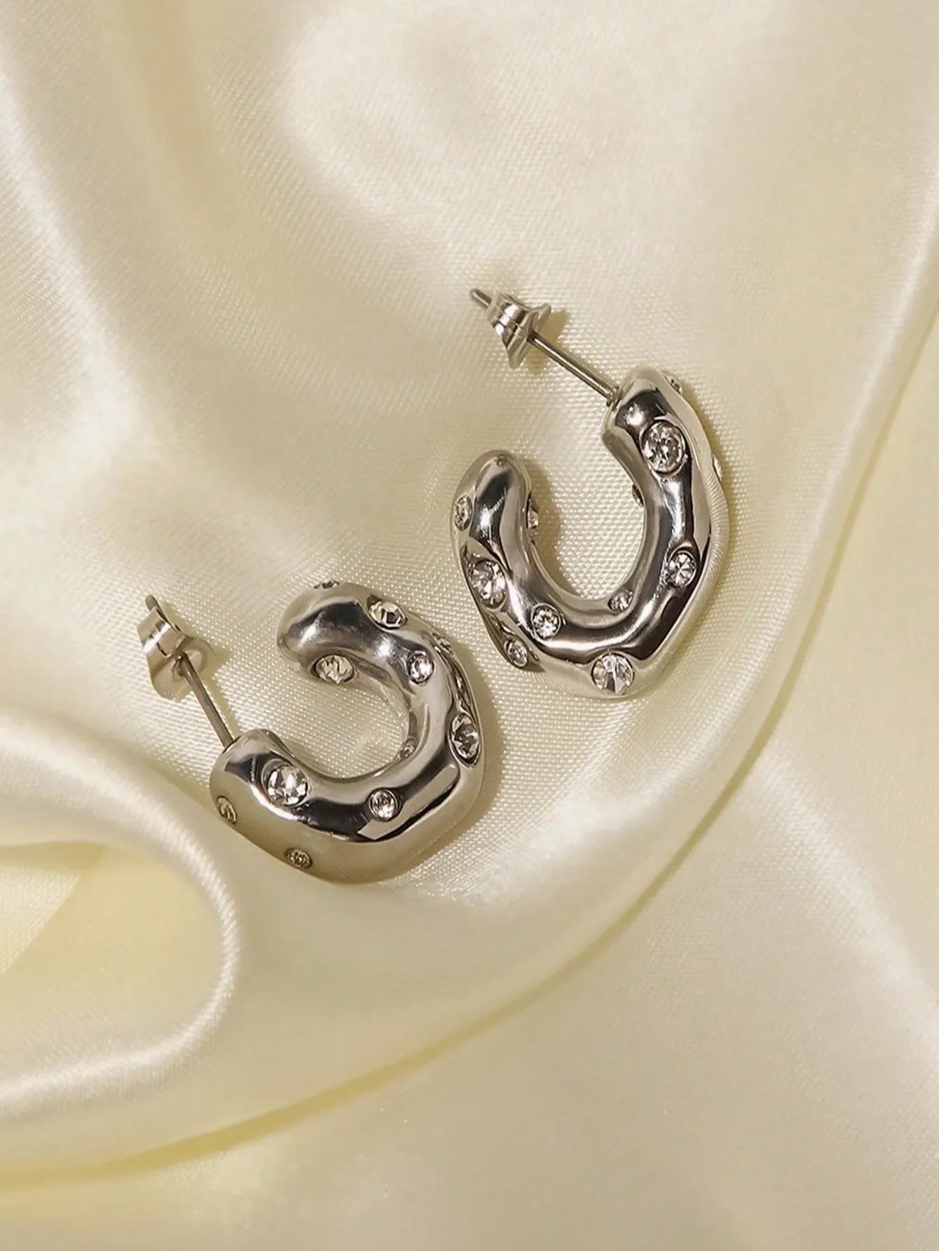 Shein - SHOPBOHO 1pair Glamorous Stainless Steel Cubic Zirconia Decor Cuff Hoop Earrings For Women - Silver