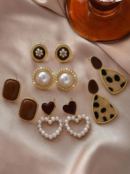 Shein - 5Pcs/Set Minimalist Vintage Faux Pearl Heart Flower Exquisite Design Stud Earrings Set 