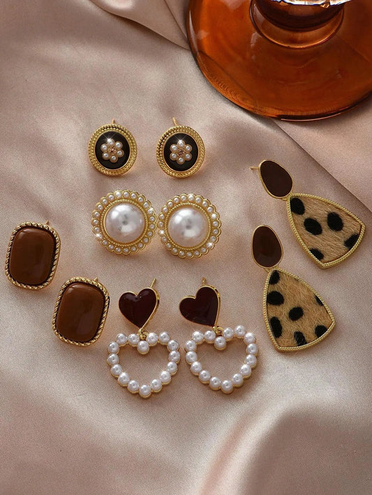 Shein - 5Pcs/Set Minimalist Vintage Faux Pearl Heart Flower Exquisite Design Stud Earrings Set 