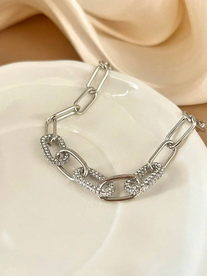 Shein - 1pc Minimalist Elegant Silver Color Rhinestone Oval Jewelry Chain Bracelet