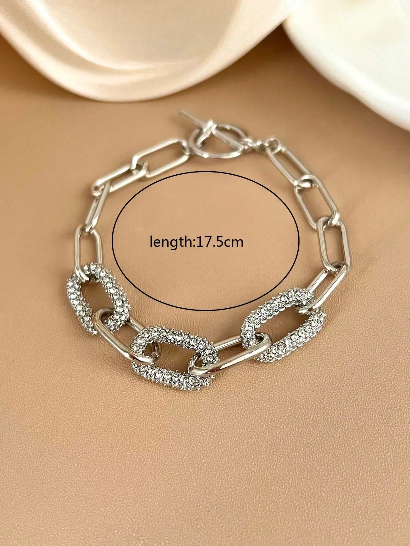 Shein - 1pc Minimalist Elegant Silver Color Rhinestone Oval Jewelry Chain Bracelet