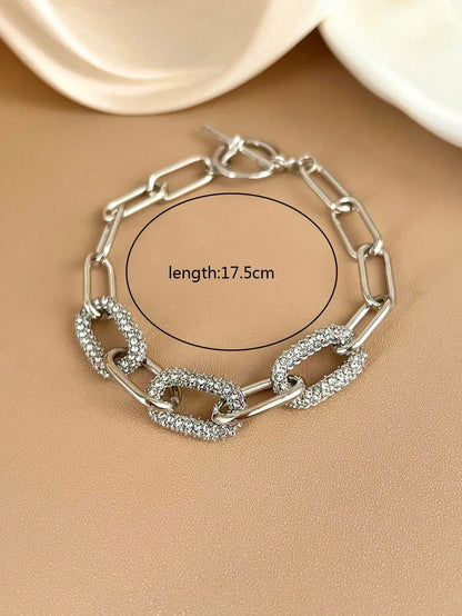 Shein - 1pc Minimalist Elegant Silver Color Rhinestone Oval Jewelry Chain Bracelet