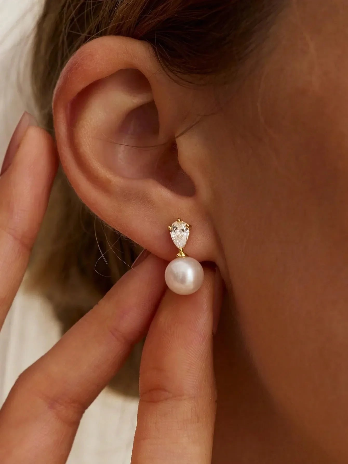 Shein - 14k Gold Plated CZ Pearl Bridal Earrings, Low Allergy Gold Plated Earrings, Elegant Wedding Bride Pearl Jewelry For Women