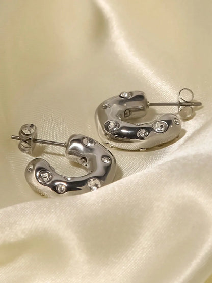 Shein - SHOPBOHO 1pair Glamorous Stainless Steel Cubic Zirconia Decor Cuff Hoop Earrings For Women - Silver