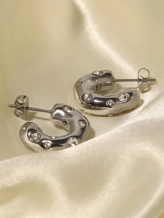 Shein - SHOPBOHO 1pair Glamorous Stainless Steel Cubic Zirconia Decor Cuff Hoop Earrings For Women - Silver