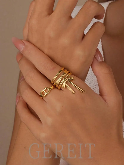 Shein - GEREIT 2pcs 18K Stainless Steel Bow Knot Open Ring Set