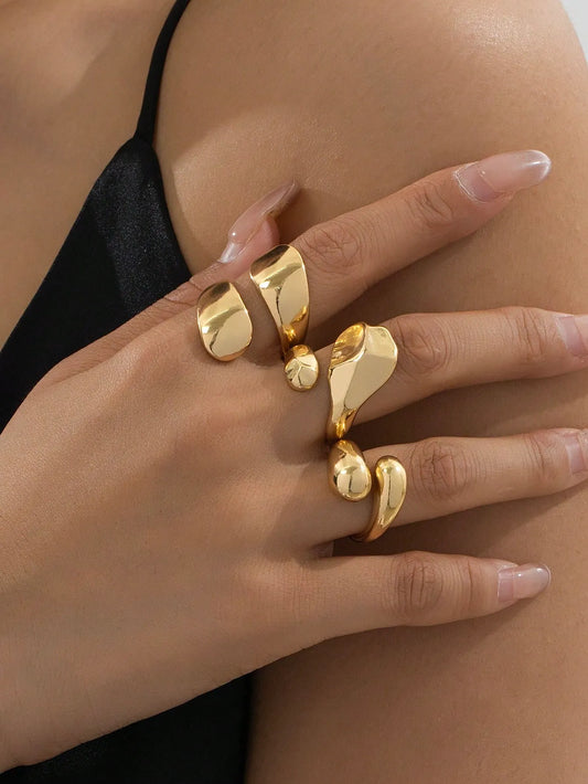 Shein - 3pcs Geometric Hollow Golden Rings, Fashionable & Simple Ring Set