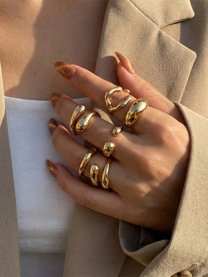 Shein - 6pcs Vintage Asymmetrical Liquid Teardrop Open Ring Set, Fashionable Coin Design, Suitable For Daily, Evening Party, Gift For Girlfriend, Friend, Valentine's Day