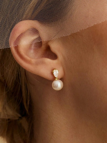 Shein - 14k Gold Plated CZ Pearl Bridal Earrings, Low Allergy Gold Plated Earrings, Elegant Wedding Bride Pearl Jewelry For Women
