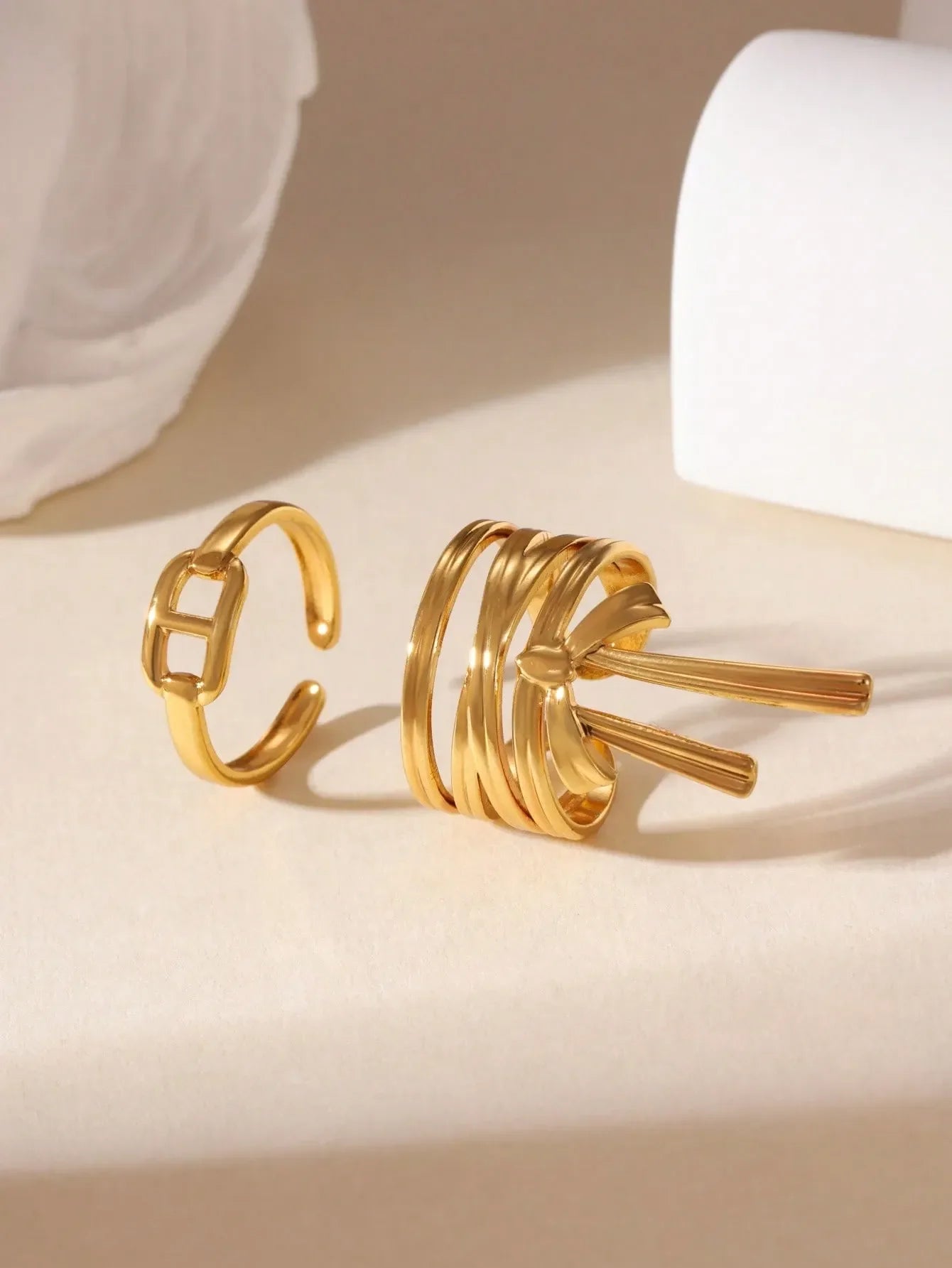 Shein - GEREIT 2pcs 18K Stainless Steel Bow Knot Open Ring Set
