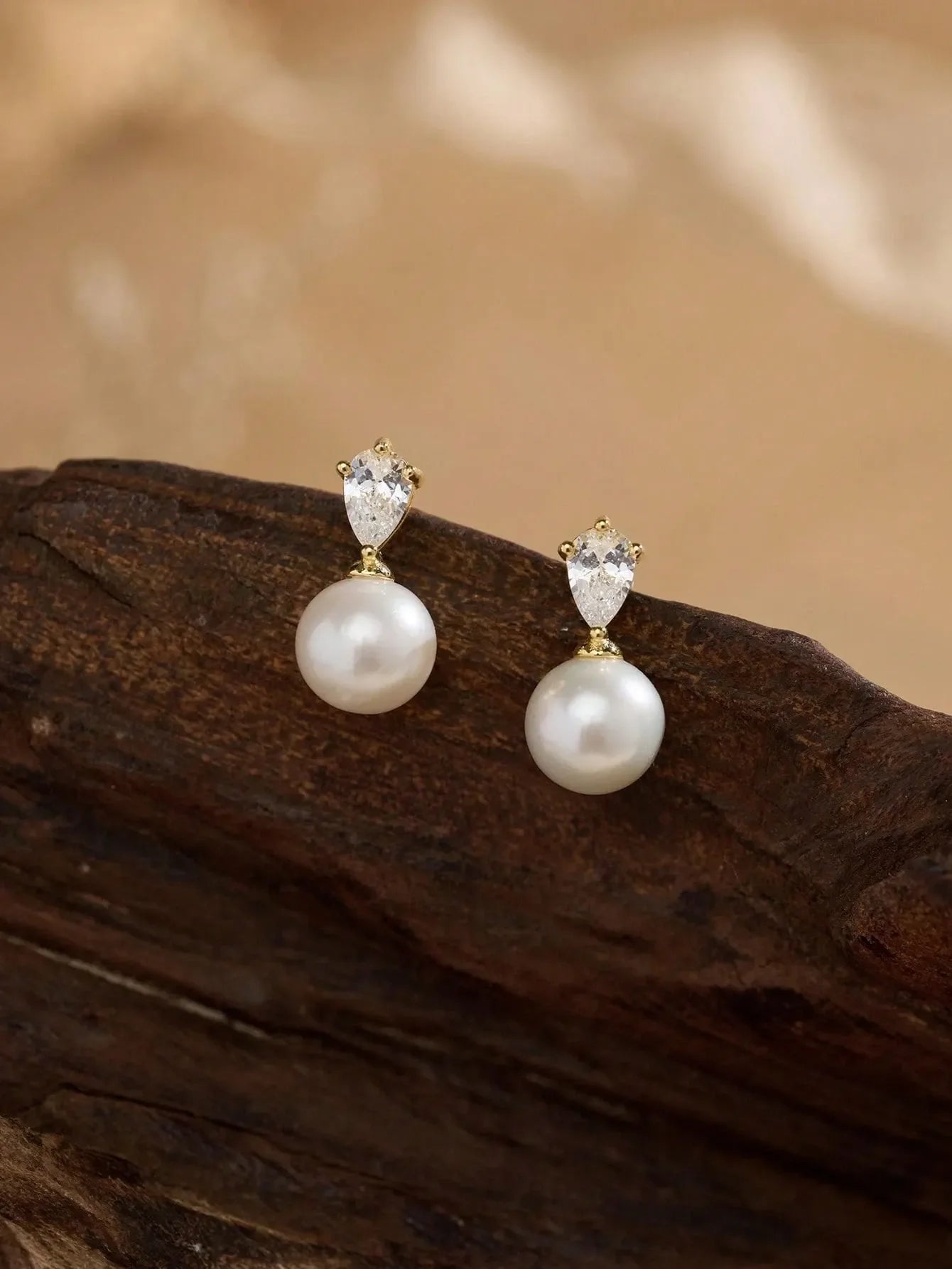 Shein - 14k Gold Plated CZ Pearl Bridal Earrings, Low Allergy Gold Plated Earrings, Elegant Wedding Bride Pearl Jewelry For Women
