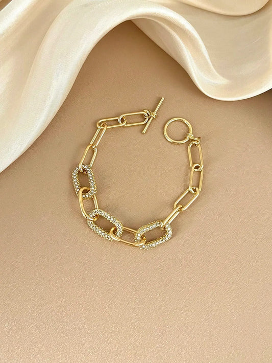 Shein - 1pc Minimalist Elegant Gold Rhinestone Oval Chain Bracelet