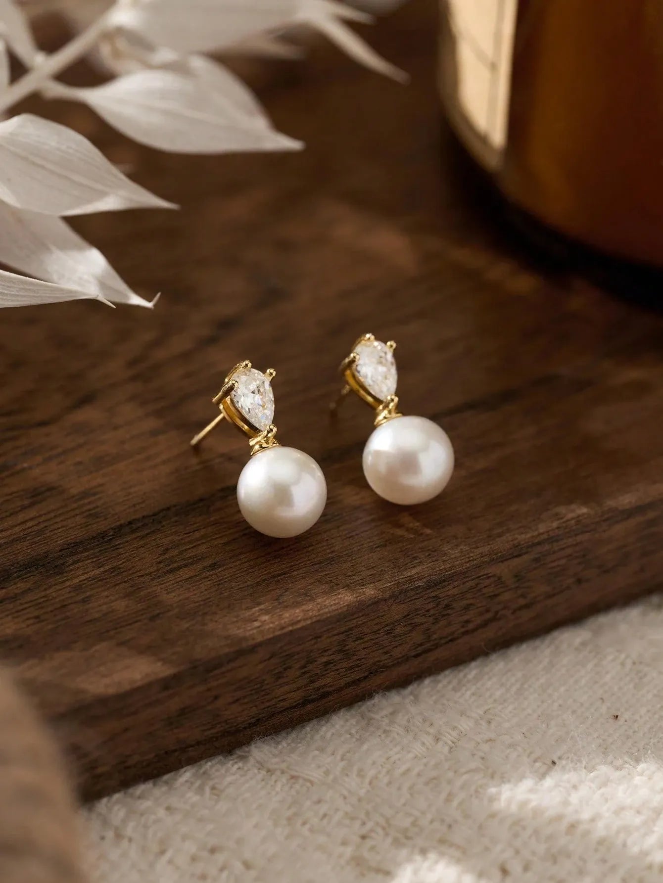 Shein - 14k Gold Plated CZ Pearl Bridal Earrings, Low Allergy Gold Plated Earrings, Elegant Wedding Bride Pearl Jewelry For Women